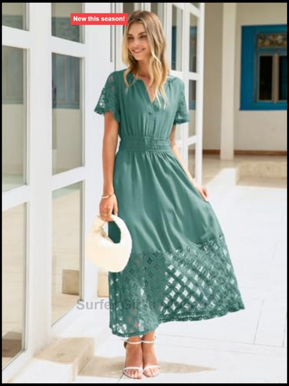 Boho Maxi Dress V Neck Empire Waist Long Flowy with Pockets Short Sleeve - Picture 3 of 7